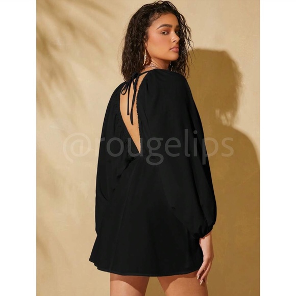 Black Boho Mini Dress Frill Batwing Bishop Sleeve Deep V Neck Flared - Picture 2 of 6